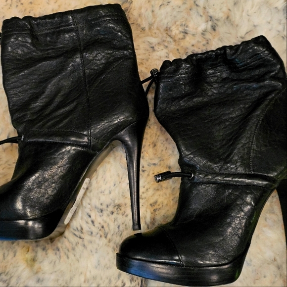 Tory Burch Black Leather Double Drawstring Cap Toe Stiletto Booties - Picture 1 of 8
